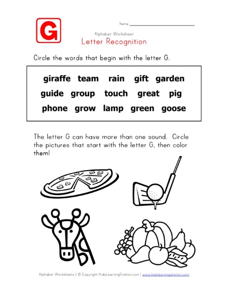 Letter G Words Alphabet Recognition Page All Kids Network