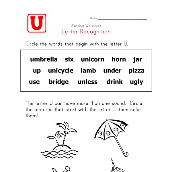 Letter U Words - Alphabet Recognition Page | All Kids Network