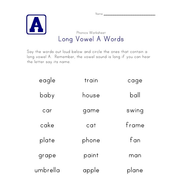Long A Sound Words Worksheet