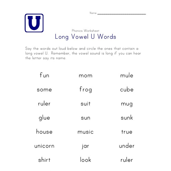 Long Vowel U Words Worksheet | All Kids Network