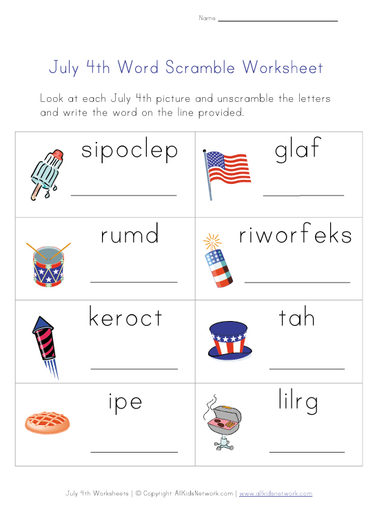 4th of july word scramble worksheet