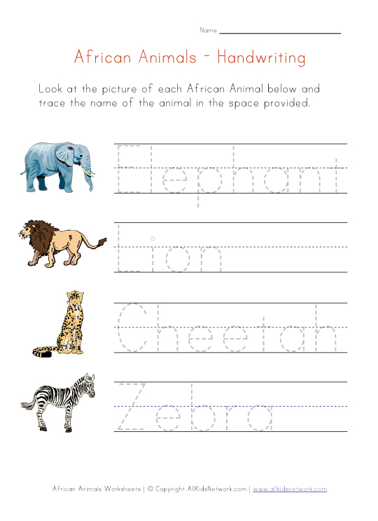 African Animals Themed Handwriting Worksheet