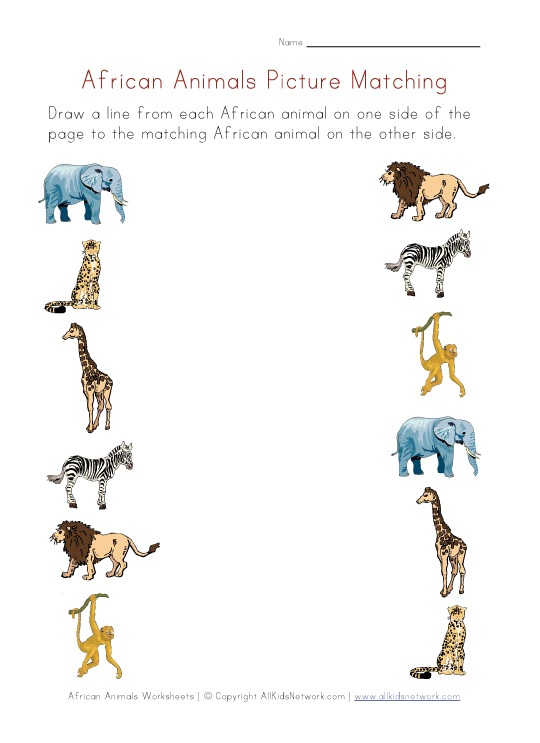 Picture Matching Worksheet - African Animals Theme