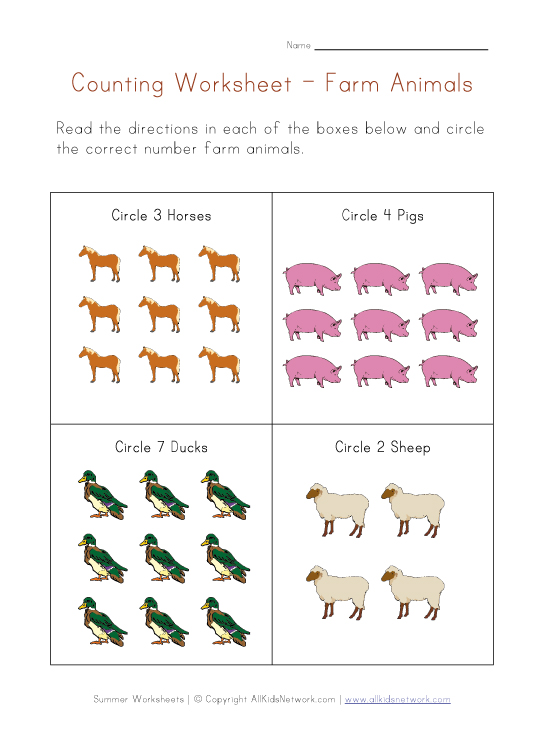 Counting Worksheet - Farm Animals Theme