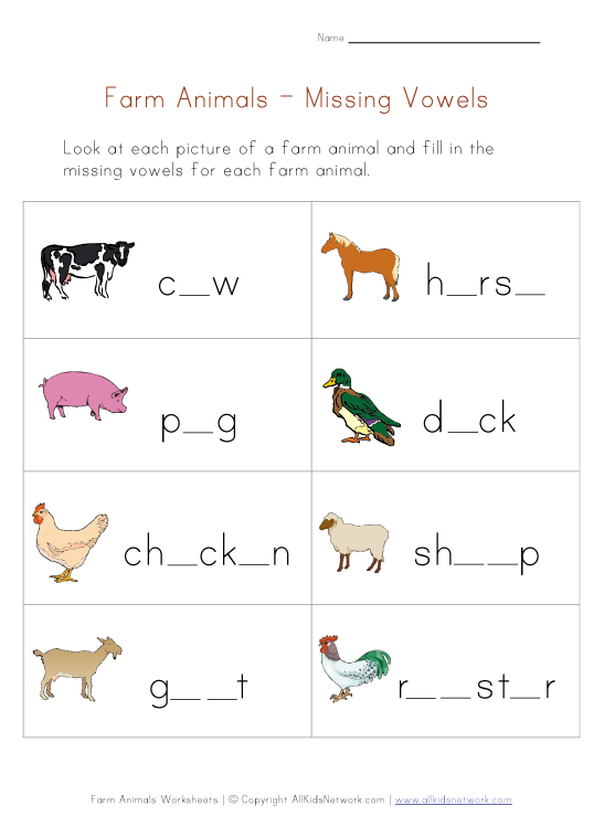 Farm Worksheet  animal spanish  in Animals Vowels Fill  Missing worksheet