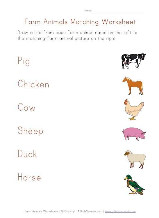 printable farm animals word matching