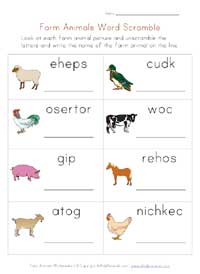 farm animals worksheet - word scramble