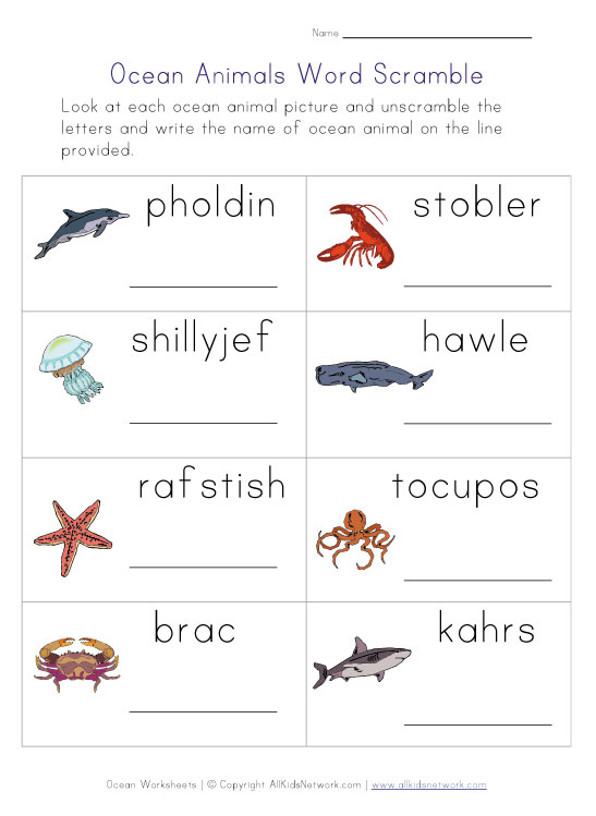 Ocean Animals Word Scramble 