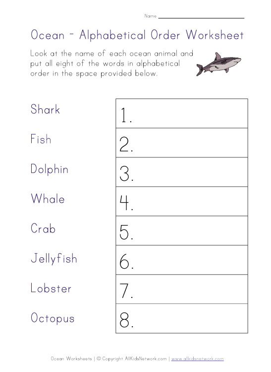 Ocean Animals Worksheet - Alphabetical Order