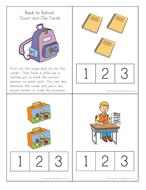 Back To School Count And Clip Cards