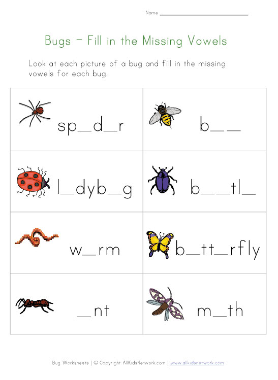 Printable Bug Missing Letters Worksheet