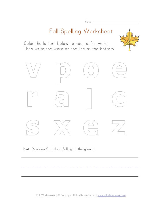 Fall Spelling Word Worksheets