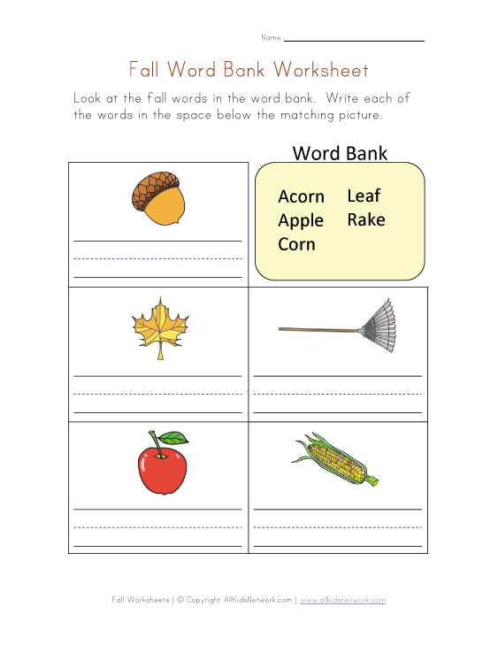 fall word bank worksheet
