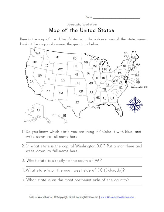 Map of the United States Worksheet