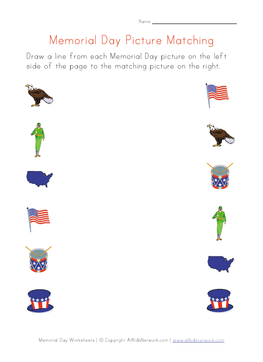 memorial day matching worksheet