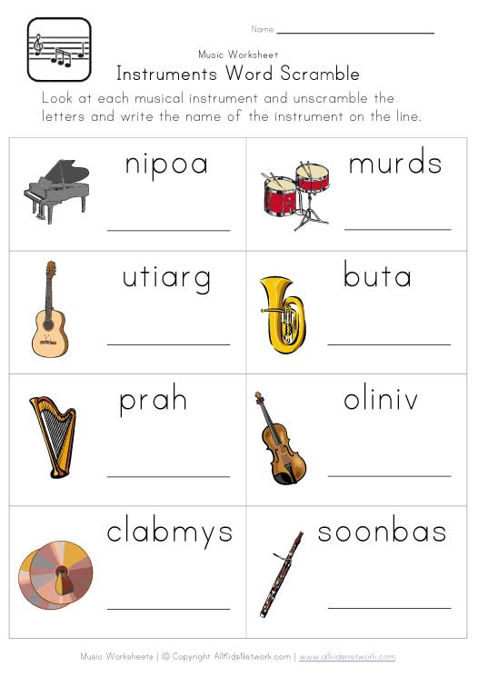 Musical Instruments Word Scramble Worksheet