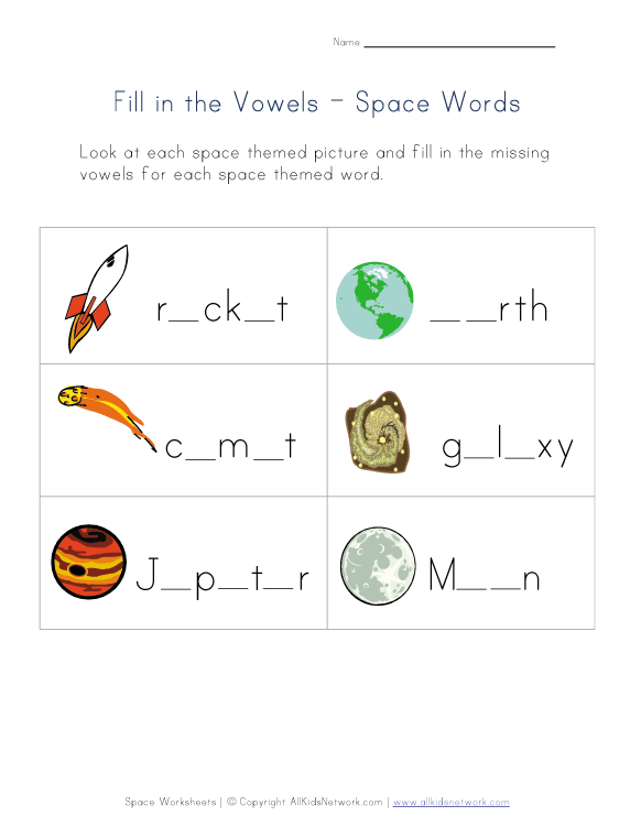 Space Missing Vowels Worksheet