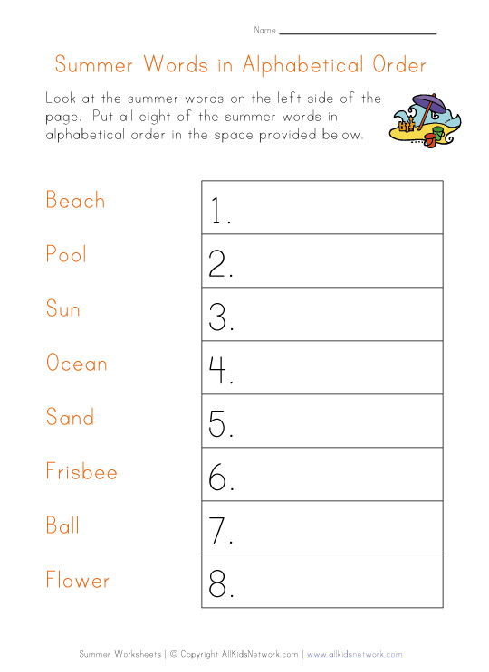 summer worksheet - alphabetical order