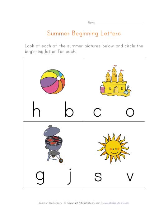Summer Beginning Letters Worksheet