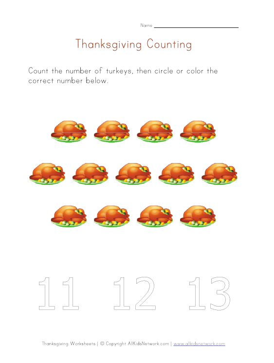 Kids Thanksgiving Number Worksheet - Count to Thirteen