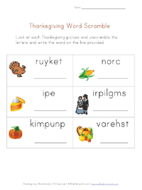 printable Thanksgiving word scramble