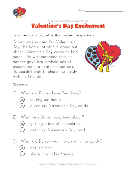 Free Printable Valentine Day Reading Comprehension Worksheet