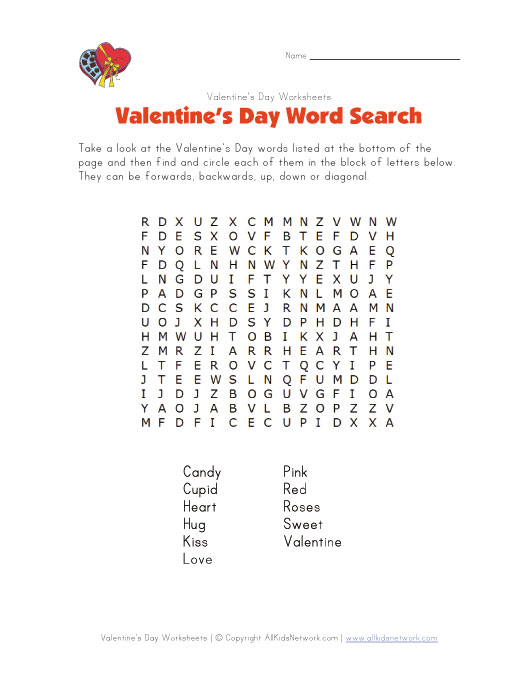 View and Print Your Valentine's Day Word Search valentines day word search