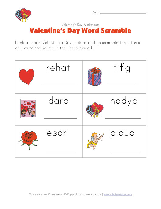 View and Print Your Valentine's Day Word Scramble Worksheet