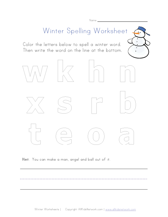 winter spelling worksheet