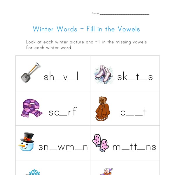Winter Words Worksheet for Kids - Missing Vowels | All Kids Network