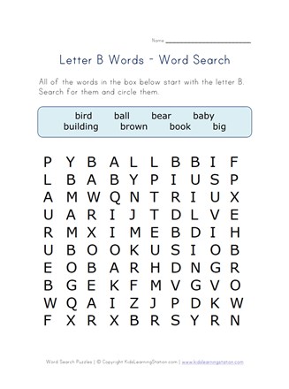 4 Letter Words, beginning in B Word Search