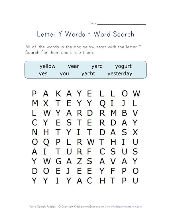 letter y word search all kids network words that begin with the letter y