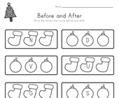 free printable worksheets for kindergarten christmas Christmas Before and After Alphabet Worksheet