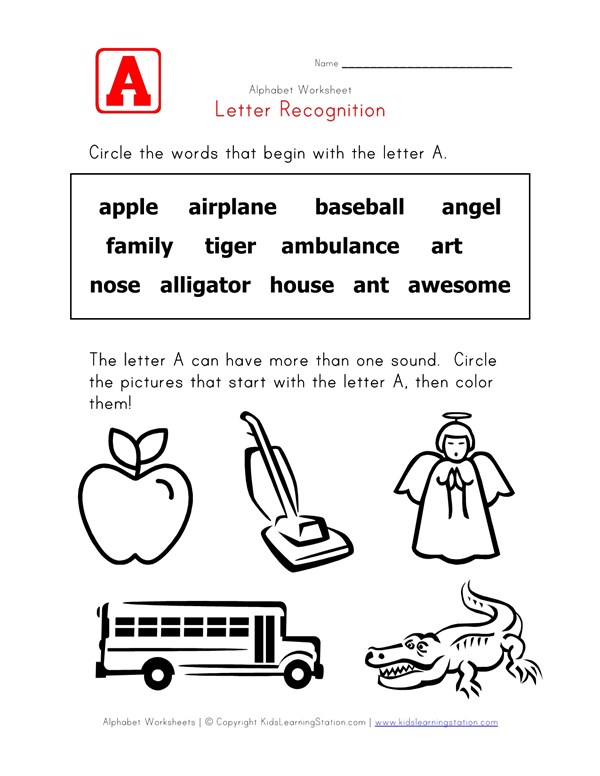 letter a words recognition worksheet all kids network letter that start with a
