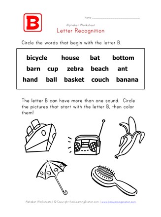 Letter B Words Recognition Worksheet