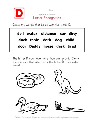 Letter D Words Alphabet Recognition Page Letter D Words Alphabet Recognition Page