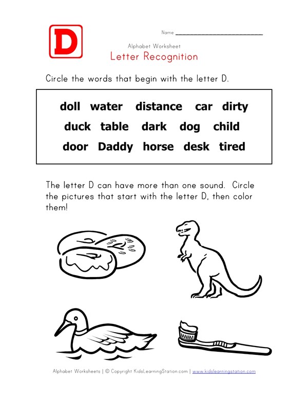 letter d words alphabet recognition pageletter d words recognition letter d words