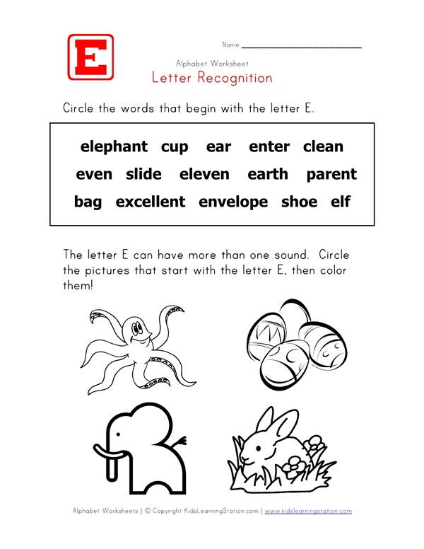 letter e words recognition worksheet all kids network words that begin with the letter e
