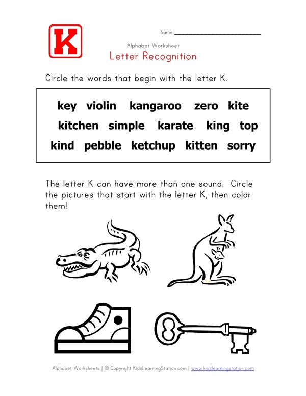 letter k words recognition worksheet all kids network words that start with the letter k