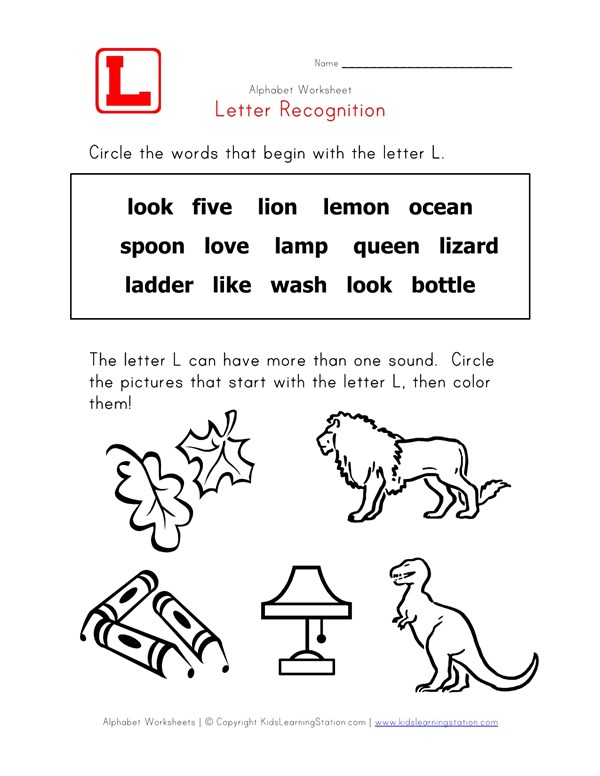 letter l words recognition worksheet all kids network the letter l