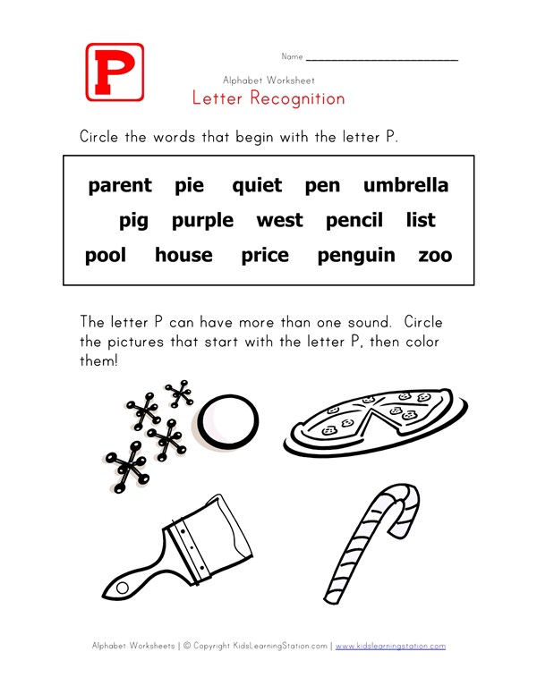 letter p words recognition worksheet all kids network letter p words