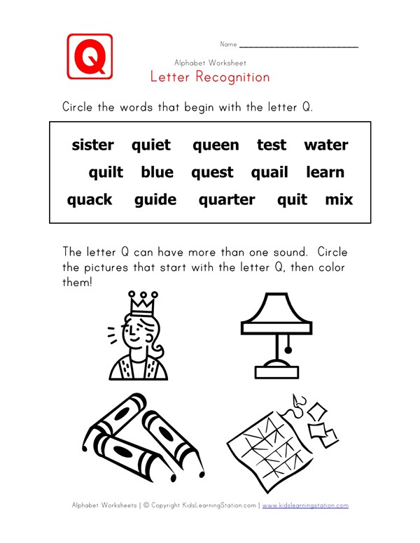 letter q words recognition worksheet all kids network words that start with letter q