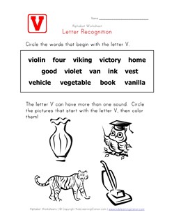 Letter V Words Recognition Worksheet