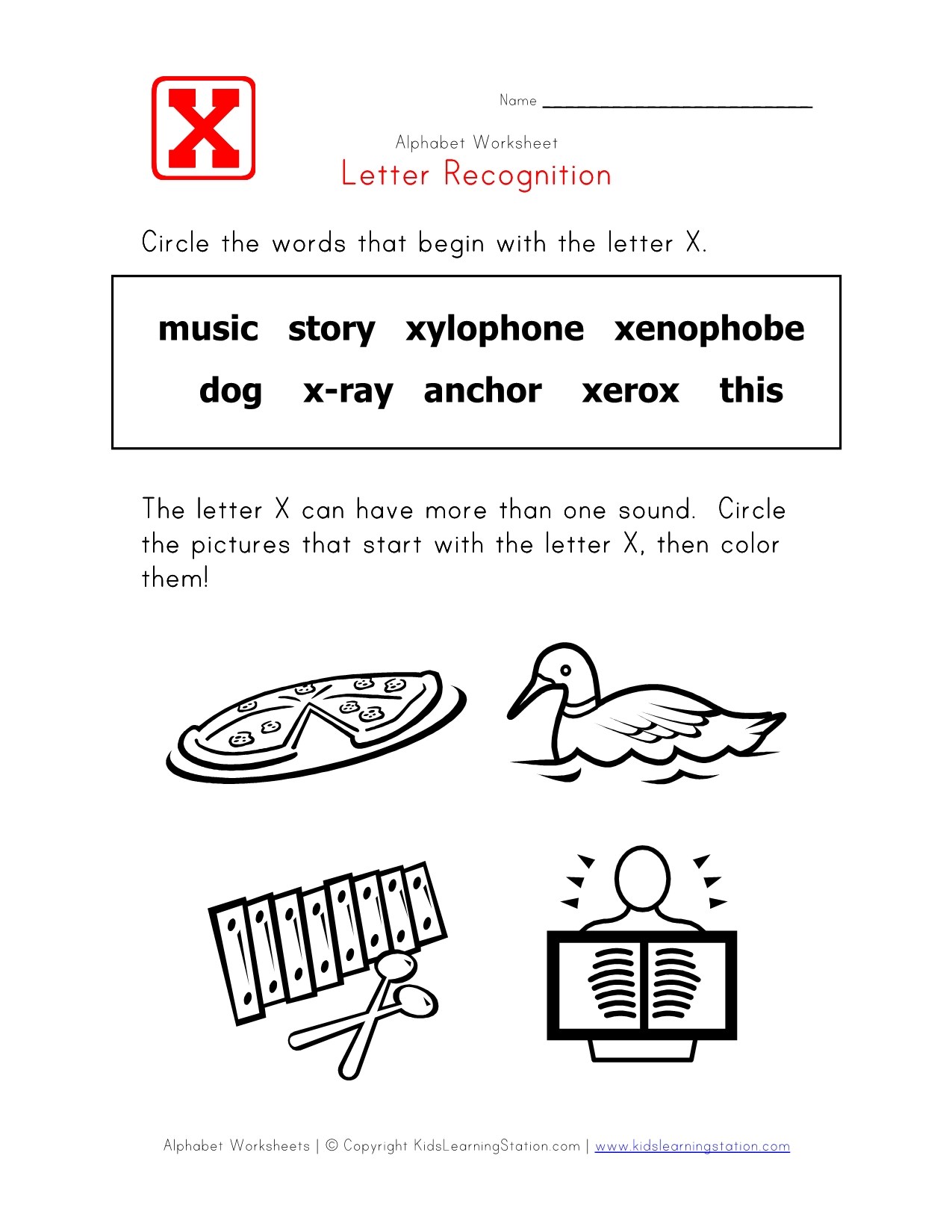Letter X Words Alphabet Recognition Page Letter X Words Alphabet Recognition Page
