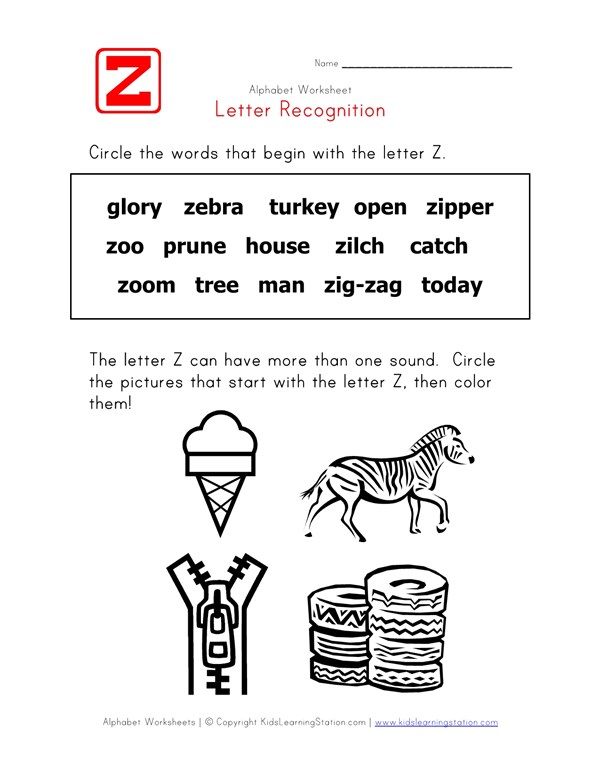 letter z words recognition worksheet all kids network letter of recognition