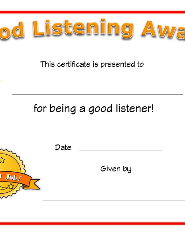 good listener award certificate all kids network