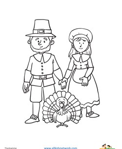 Pilgrims and Turkey Coloring Page
