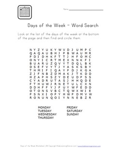 days of the week word search