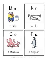 alphabet flashcards m, n, o and p
