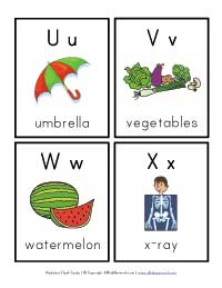 letter flashcards u, v, w and x